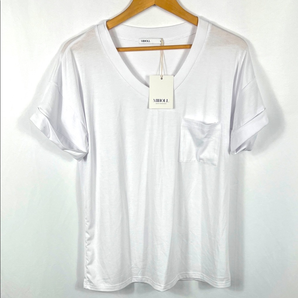 MIHOLL Women’s Classic White Short Sleeve Tee Large Short Sleeve Pocket